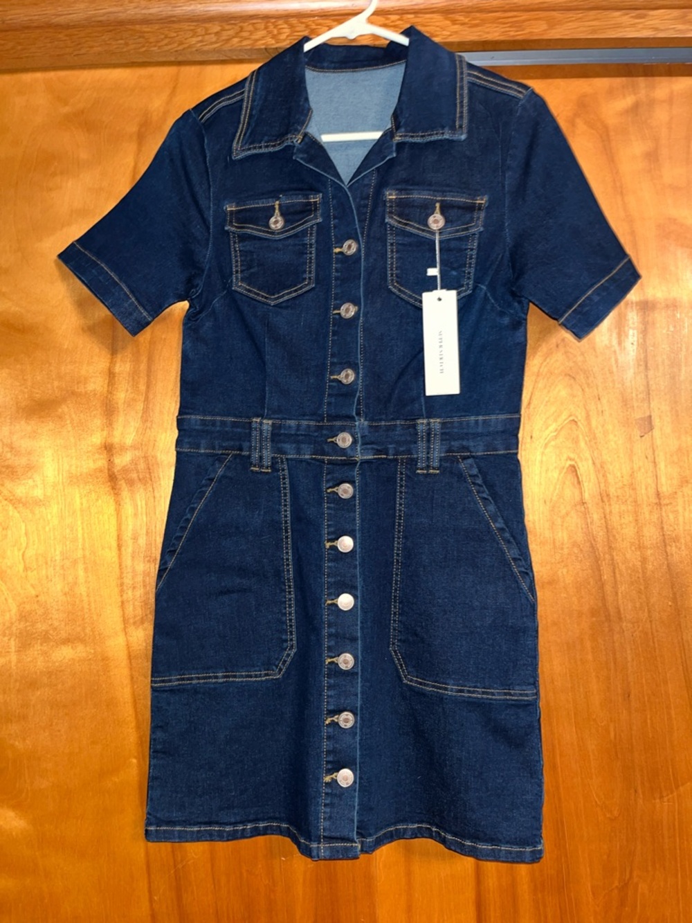 Denim Button-Front Short Sleeve Dress - Dark Blue